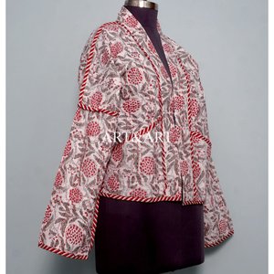 100% Cotton Elegant Luxury <b>Kantha</b> <b>Jacket</b> Floral Screen Printed Autumn Winter Eco-Friendly Logo Button Breathable Soft Women's - Product Image 4
