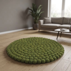 Asterisk Green Balls Plush Modern Wool Carpet-Nepali Design Handmade Eco-friendly Felted Non-Slip Washable - Product Image 3
