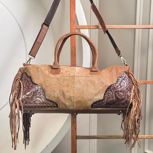 Premium Quality Hand Tooled Cowhide Fringe Travel Bags Genuine Leather Hair-On Cowhide Overnight Duffel Bag for Men & Women's - Product Image 5