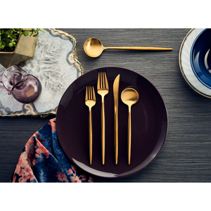 Juego de cubiertos de acero inoxidable dorado premium con acabado espejo, cuchara, tenedor y cuchillo para bodas, fiestas y uso al aire libre. - Product Image 4