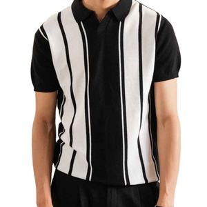 Camiseta Polo para Hombre, Negra y Blanca, con Rayas Verticales, Cuello en V Abierto, Premium de Verano, con Logotipo Personalizado - Product Image 3