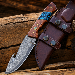 Couteau de survie, de chasse et de camping à lame fixe, acier Damas, qualité industrielle, pointe clip, 4,5 pouces, avec étui en cuir, OEM - Product Image 1