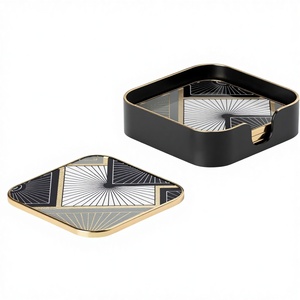 4-Piece Wooden Square Coasters Set Holder | Gold Black Geometric Enamel Design Drink Coasters | Luxury Eco-Friendly Accessories - Product Image 1