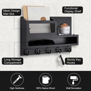 Scatola portaoggetti lunga con 5 ganci, organizer da parete per posta e chiavi, appendiabiti per guinzaglio di cane, portaoggetti decorativo per la casa con gancio portachiavi per l'ingresso di casa - Product Image 2