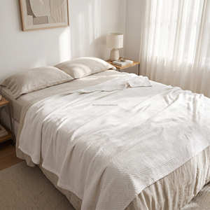 Beige Woven Cotton <b>Blanket</b> Queen Bed Throw for Minimalist Bedroom Home Décor and Hospitality Use - Product Image 3