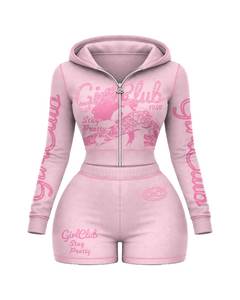 2026 Women's 2-Piece Street Sportswear Set Hooded Full-Sleeve T-Shirt and <b>Knee</b>-Length Shorts Breathable Non-Pilling - Product Image 2