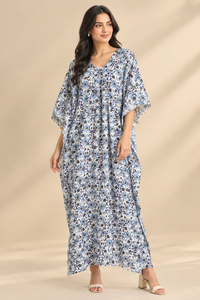 Blue Garden Print Kaftan for Women 100% Cotton V-neck Loose Fit <b>Maxi</b> <b>Dress</b> with Slits <b>Bohemian</b> Holiday Wear - Product Image 3