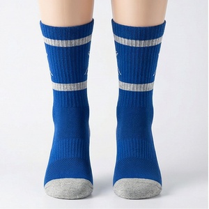 Blue Crew <b>Socks</b> With Gray Stripes Breathable Polyester Spandex Basketball Sports <b>Socks</b> For Adults Summer Regular Style - Product Image 1