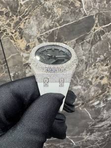 Iced Out Moissanite <b>Watch</b> Batteries Quartz Analog Round Case Rubber Strap Unisex Hip Hop Luxury Silver 40mm Lightweight Day/Date - Product Image 5