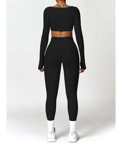 Conjunto Deportivo de Yoga para Mujer, Estilo Urbano, Cuello Cuadrado, Transpirable, Manga Larga, Cintura Elástica, Felpa, para Gimnasio - Product Image 6