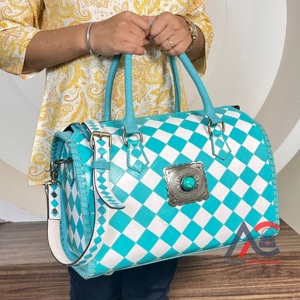 Hand <b>Tooled</b> Cowhide <b>Leather</b> Speedy Bag With Turquoise Concho Checkered Pattern Crossbody Handbags Stylish Travel Duffel Bags - Product Image 1