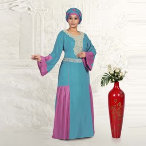 Caftán de Rayón con Cuello Redondo, Detalles de Paneles en Dos Tonos, Mangas Acampanadas, Estilo Modesto, Color Sólido, para Eid, Ramadán, Oración, Silueta Larga hasta el Suelo - Product Image 1