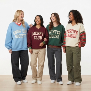 <b>Women's</b> Cream <b>V</b> <b>Neck</b> Oversized <b>Sweatshirt</b> Merry Holiday Print Drop Shoulder Long Sleeve Winter Casual Knitted Pullover - Product Image 6