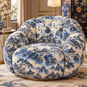 Tissu d'ameublement en velours imprimé paysage de pagode grue bleue et blanche pour chaise - Product Image 2