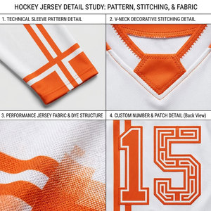 Camiseta de Hockey sobre Hielo para Hombre, Blanca y Naranja, Sublimada, Cuello en V, Manga Larga, Absorbe la Humedad, Corte Regular, Ropa para Adultos - Product Image 6