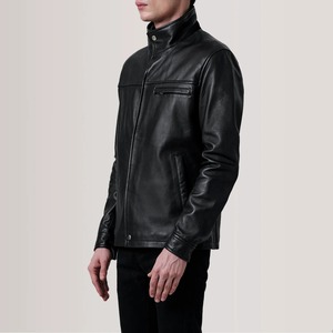 Chaqueta de Cuero Negra para Hombre de Alta Calidad, Cuello Alto, Cierre de Cremallera, Estilo Motero, Corte Regular, para Otoño - Product Image 5