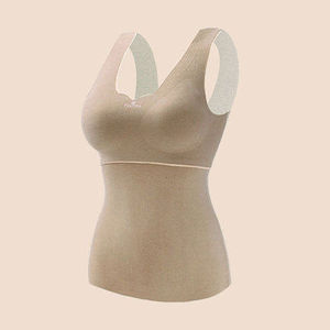 Camiseta sin mangas de punto con cuello en V para mujer, color beige, transpirable, estilo minimalista, mezcla de algodón y spandex, longitud regular - Product Image 3