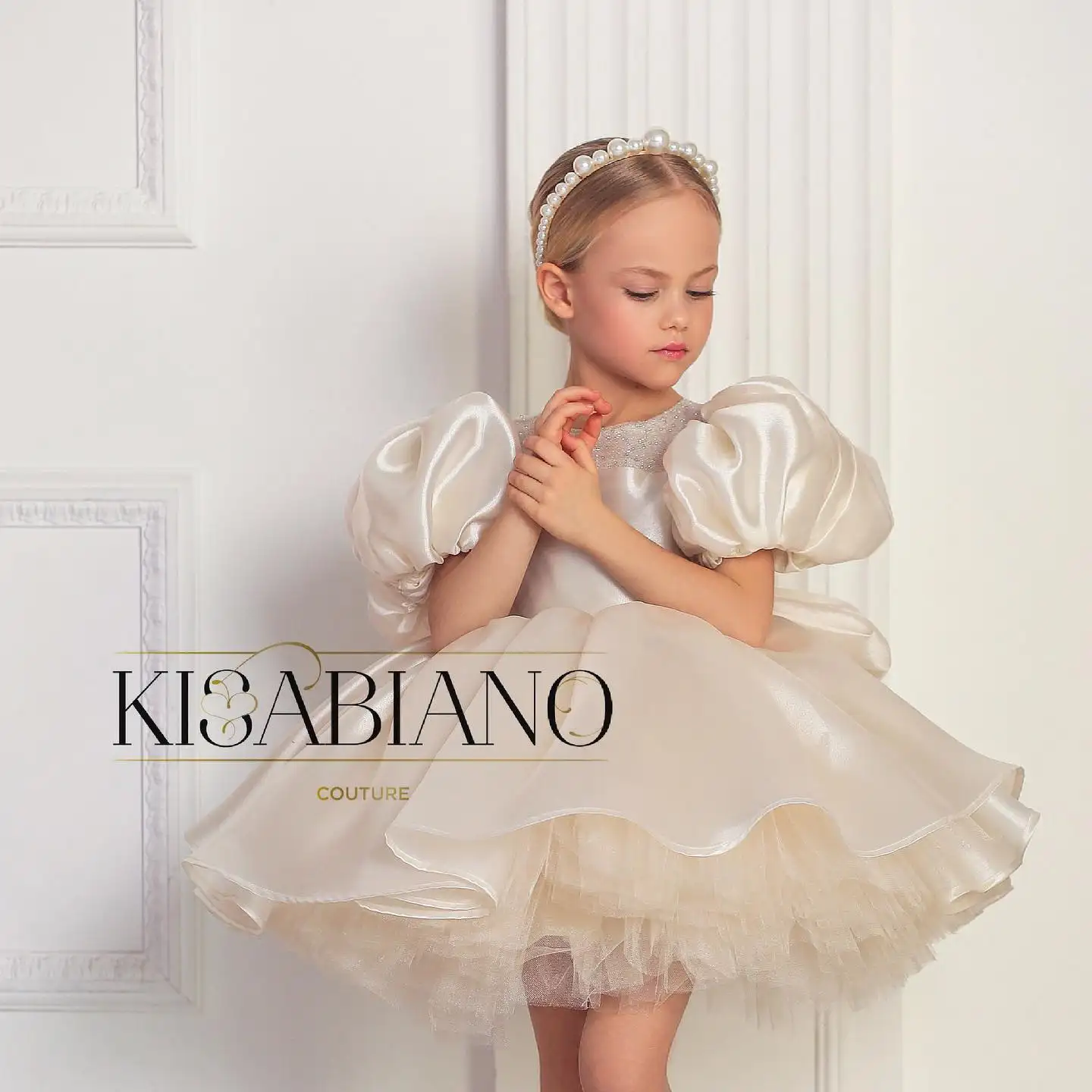 Ivory/Pink Satin Puff Sleeves Wedding Flower Girl Dress Princess Birthday Party Dress with Big Bow