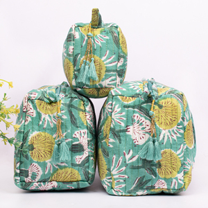 Eco-Friendly Quilted Cotton Lot Bohemian Water Resistant Unisex Large Travel <b>Organizer</b> Cosmetic <b>Case</b> Zipper Closure Bag Lining - Product Image 1