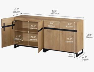 ตู้ไซด์บอร์ดไม้มะม่วงสไตล์โมเดิร์นวินเทจอินดัสเทรียล พร้อมบานประตูเหล็กสองบาน สำหรับใช้ในห้องครัวหรือห้องรับประทานอาหารที่บ้าน - Product Image 2