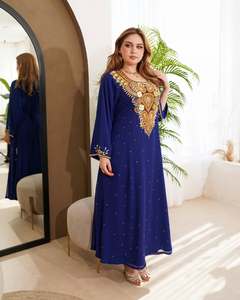 Awais House Women's Blue Embroidered Polyester Abaya Spring Floor Length Modest Long Sleeve <b>Plus</b> <b>Size</b> Middle East Style Solid V - Product Image 1