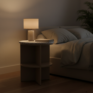 Table d'appoint moderne PKP pour chambre et salon, avec étagère et 2 tiroirs, en bois d'hévéa écologique du Vietnam, MDF, placage de chêne et plateau en marbre - Product Image 5