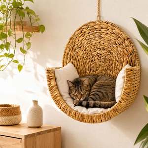 Lit pour chat en jacinthe d'eau, panier suspendu en jonc de mer naturel tressé, panier de couchage surélevé en osier pour animaux de compagnie, hamac pour chat, mobilier d'intérieur - Product Image 5