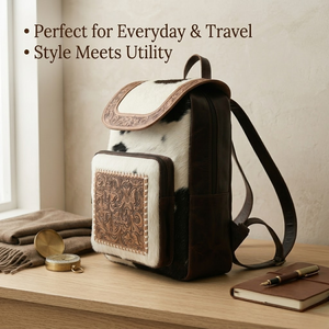 Western Style Full Grain Leather Backpack Handmade Hair On Hide Cowhide Floral Tooled Design Rustic Cowgirl Shoulder Bag travel - Product Image 4