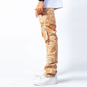 <b>Men's</b> Distressed Cargo Pants With Zipper Pockets Street Style Elastic Waist Midweight Canvas Trousers Autumn Wear - Product Image 2