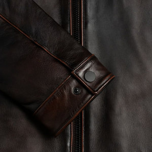 Men’s Distressed Dark Brown Genuine Leather <b>Racer</b> <b>Jackets</b> Snap Tab Collar Zip Front Slim Fit Vintage Motorcycle Casual Outerwear - Product Image 4