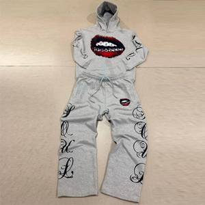 Men's Grey Graphic Hoodie Tracksuit <b>Set</b> Wide Leg Pants Custom Streetwear Embroidered Design <b>Matching</b> <b>Jogger</b> <b>Set</b> Manufacturer - Product Image 2