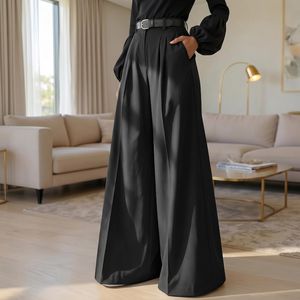 Pantalon large plissé noir en satin taille haute pour femme, coupe ample élégante avec ceinture, style automne - Product Image 4