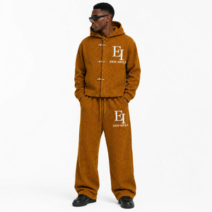 Conjunto de Chaqueta con Capucha de Pana y Pantalones Anchos para Hombre y Mujer, con Logotipo Personalizado, Etiqueta Privada, Venta al Por Mayor, Unisex, Texturizado - Product Image 3