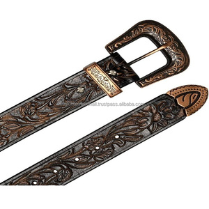 Ceinture d'outillage en cuir de style occidental pour hommes, sculptée à la main, design personnalisé, avec boucle et boucle de designer en cuivre plaqué 3 pièces - Product Image 3