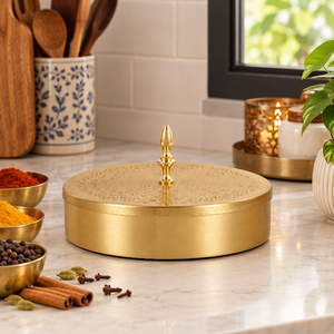 Boîte à Masala en Laiton Royal avec Bouton Décoratif, Ensemble de Contenants Ronds pour Épices, Organisateur de Cuisine Traditionnel, Boîte à Épices Vintage - Product Image 2