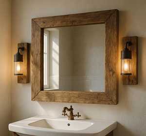 Rustic <b>Square</b> Solid Wood Wall <b>Mirror</b> Farmhouse Mitered Corner Timber Framing Bathroom Vanity <b>Mirror</b> Aged Wooden Accent Glass Art - Product Image 1