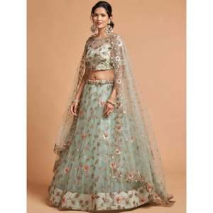 <b>Green</b> Embroidered <b>Net</b> Plus Size Wedding Lehenga Choli for Women - Product Image 5