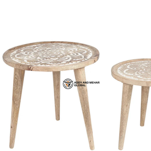 Handcrafted Round Wooden Nesting Tables Set of 2 with Carved Pattern Top – Rustic Mango <b>Wood</b> Side Tables for Living Room - Product Image 2