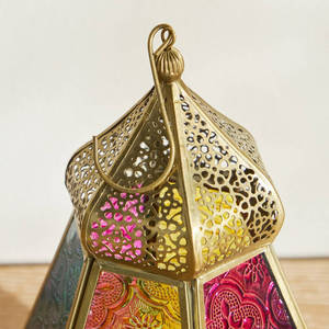 Wholesale <b>Mini</b> Moroccan Metal Candle Holder <b>Lantern</b> with Colorful Glass for Ramadan Tabletop and Hanging Decorations - Product Image 3