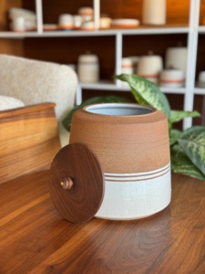 Rustic Ceramic <b>Storage</b> Canister Wooden Lid Handcrafted Glaze Airtight <b>Kitchen</b> Jar Farmhouse Counter Organizer Premium Style - Product Image 2