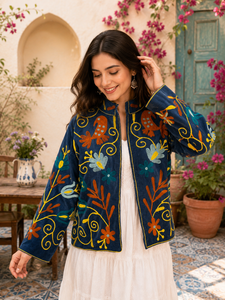 Hand Embroidered Velvet <b>Jacket</b> With Mandarin Collar Full Sleeve Floral <b>Pattern</b> Winter Style <b>Quilted</b> Design - Product Image 4