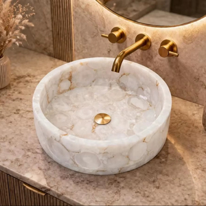 Luxury White Agate Stone Handmade <b>Round</b> Vessel <b>Basin</b> Eco-Friendly Modern Bathroom Sink for Hotel & Home Interior - Product Image 1