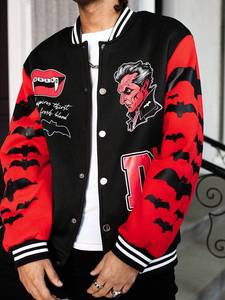 Black Red College Baseball <b>Jacket</b> <b>Men</b> Bat Print Graphic Sleeves Streetwear Varsity Double Breasted Front Thick Fleece Windproof - Product Image 4