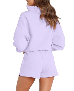 Ensemble deux pièces en molleton de coton uni pour femme, col montant, fermeture éclair, sweat-shirt et short, coupe régulière, décontracté, respirant, printemps-été - Product Image 6