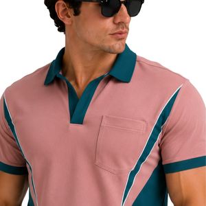 Conjunto de Camiseta Polo y Pantalones Cortos para Hombre en Rosa Polvoriento y Verde Azulado, con Bolsillo en Contraste, Estilo Casual de Verano, Dos Piezas, Logotipo Personalizado, Ropa Deportiva Premium - Product Image 5