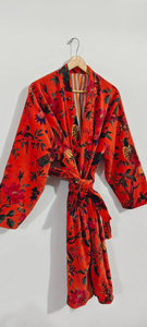Kimono largo de algodón hecho a mano con estampado de bloques, cuello en V, manga larga, de secado rápido, ligero, para primavera/verano, ideal para la playa o como vestido de dama de honor. - Product Image 3