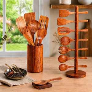 Juego de 9 utensilios de madera de teca con soporte, cucharas de madera artesanales antiadherentes - Product Image 3