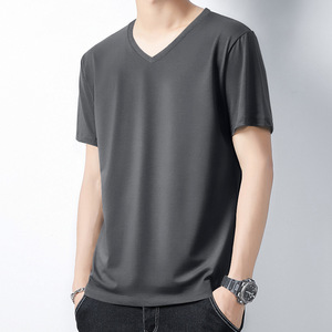 OEM Customized Garment Dyed 100% Cotton <b>V</b>-<b>neck</b> Slim Fit Men's Summer Short Sleeve Solid Color Breathable Trendy <b>T</b>-<b>shirt</b> - Product Image 2