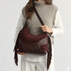 Bolso Hobo de Piel de Ante con Flecos para Mujer, Bolso Tote de Cuero Genuino con Diseño de Cuero Repujado, Bolso de Mano Moderno Estilo Western para Playa, OEM - Product Image 4