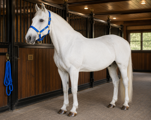 Blue Nylon Horse <b>Halter</b> with Gold Hardware Australian Saddle Style for Stable Use - Product Image 1